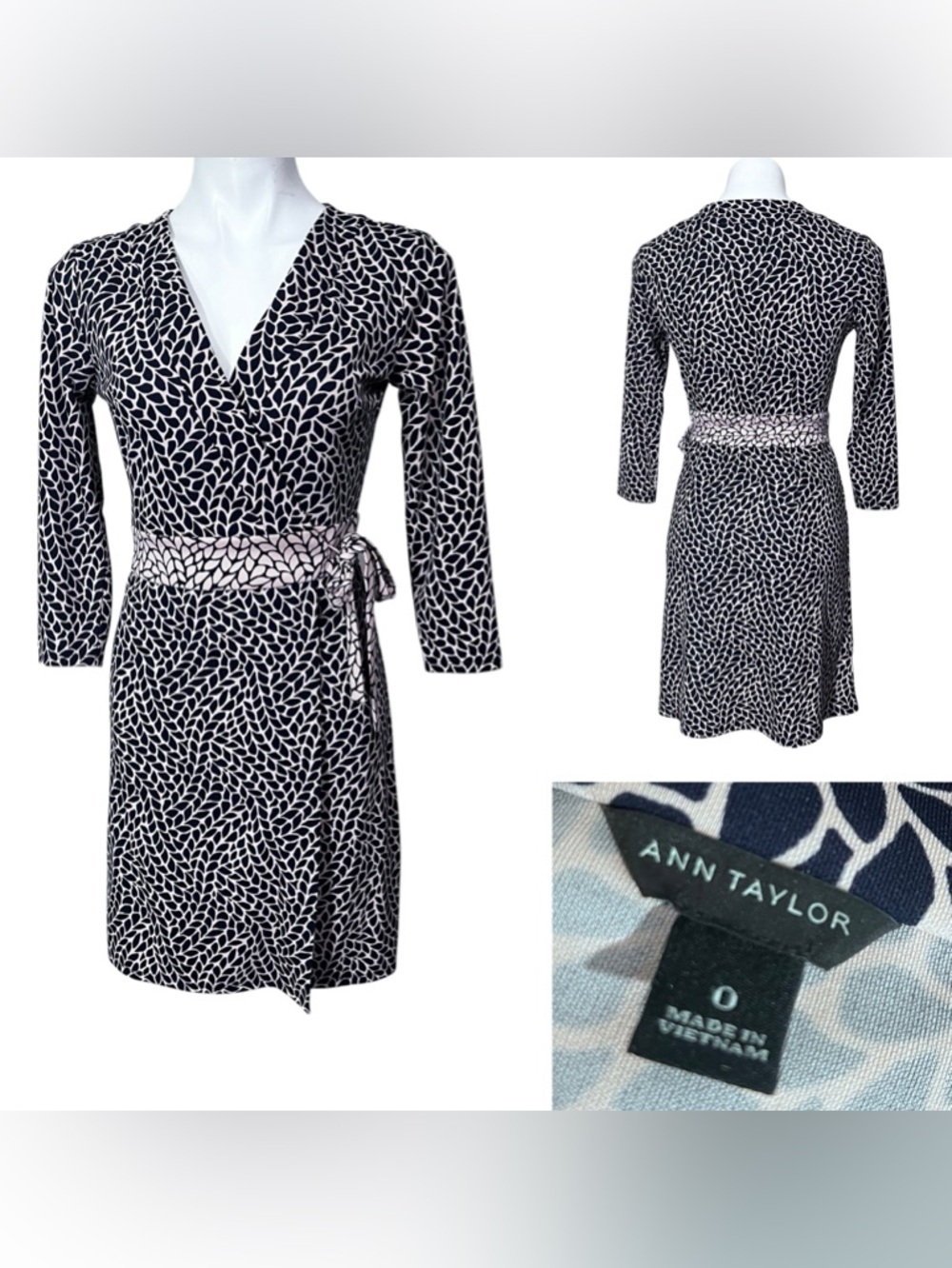Ann Taylor Wrap Dress Sz 0 navy blue/tan print true wrap office church business